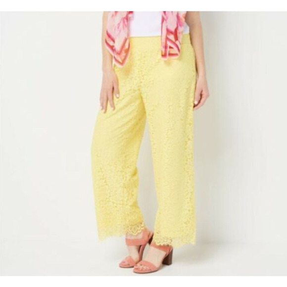 Isaac Mizrahi Live Wide Leg Pull On Lace Pant Lined Yellow Stretchy Medium - Picture 1 of 6